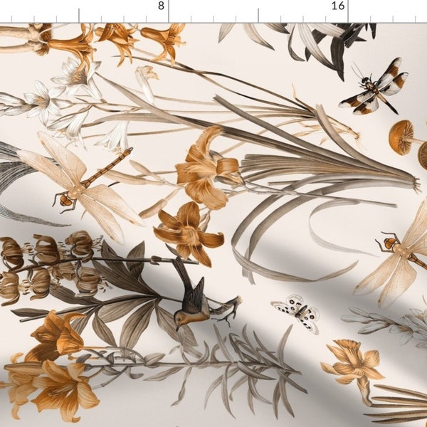 Sepia Wildflowers  Fabric - Sepia Garden by thistleandfox -  Floral Mushrooms Forest Floor Insects Bugs Fabric by the Yard by Spoonflower