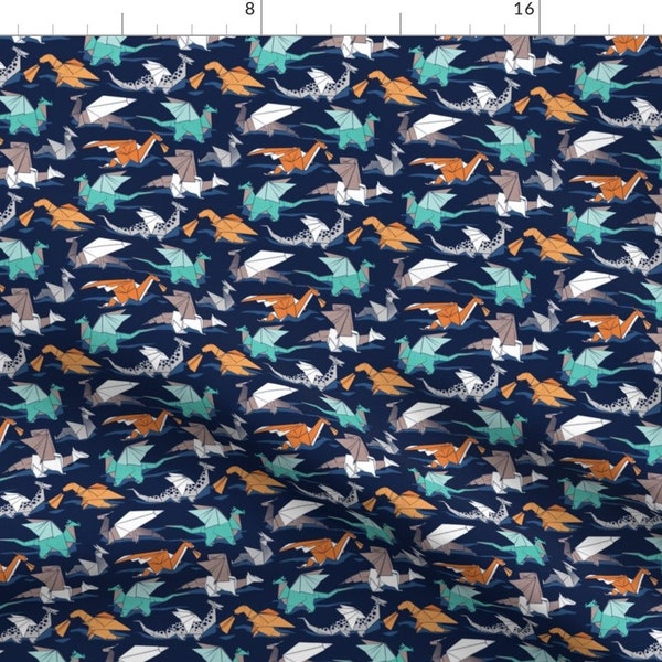 Origami Dragon Fabric - Fantastic Creatures By Selmacardoso - Orange Blue Navy Japanese Paper Cotton Fabric By The Yard With Spoonflower