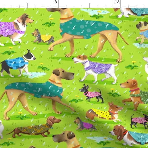 Dogs Raining Fabric - Raincoat Dogs Green Park Rainy Days By Vinpauld - Dogs Raincoats Green Cotton Fabric By The Yard With Spoonflower