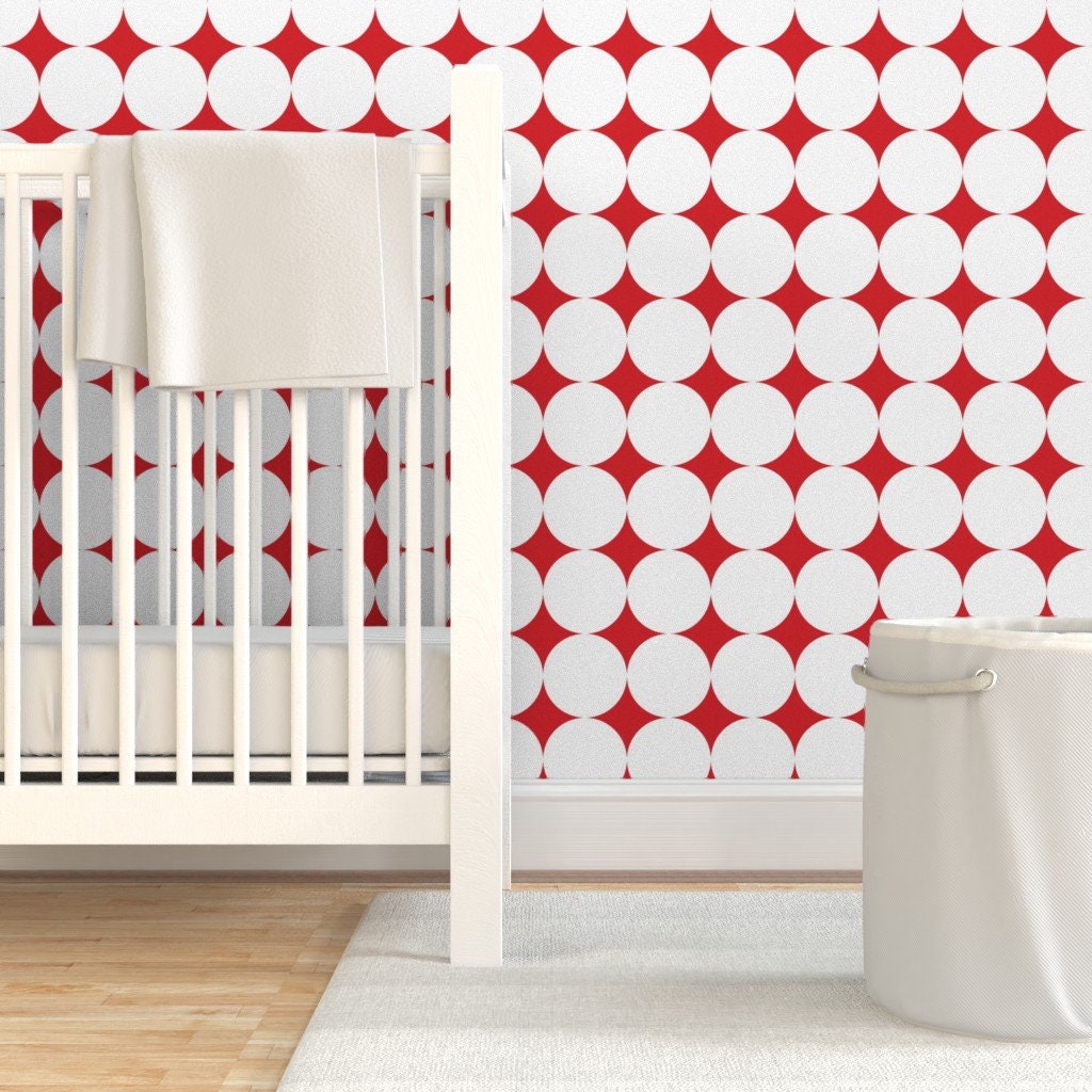 Mod Wallpaper Polka Dot White on Red by Juliesfabrics | Etsy