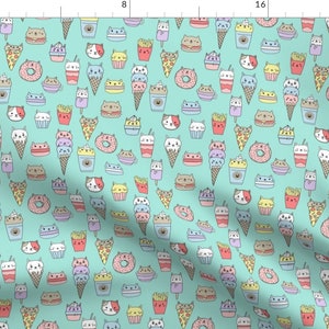 Cat Cute Ice Cream Fabric - Kawaii Cat Foods Fabric - Cute Cat Lady Design, Cats, Cat Print, Cat Junk Food, Sweets, - Mint By Andrea Lauren