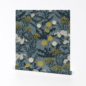 雑草の壁紙 - Fernlesliestudio の Weeds I Love - Spoonflower の Dandelion Tansy Yellow Teal の剥がせる粘着式壁紙ロール