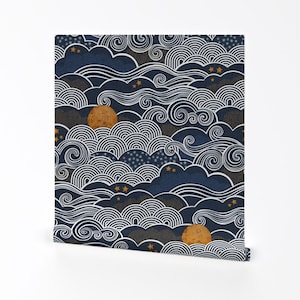Night Sky Removable Peel and Stick Wallpaper - Clouds Gold Stars Sky Blue Mustard - Wall Art Wall Decor - Cozy Night by patricia_lima