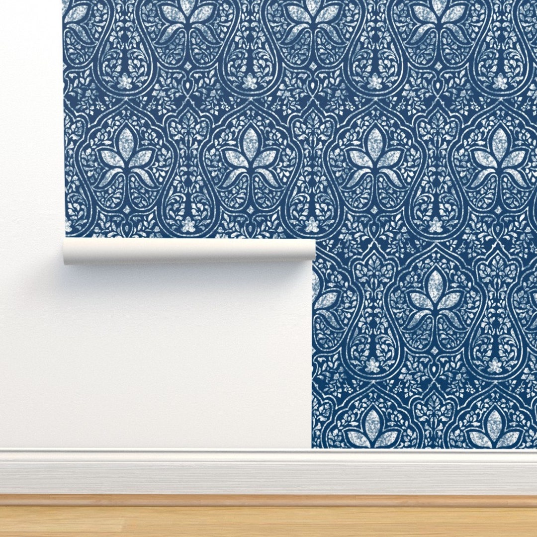 Indian Wallpaper White and Blue by Peacoquettedesigns - Etsy