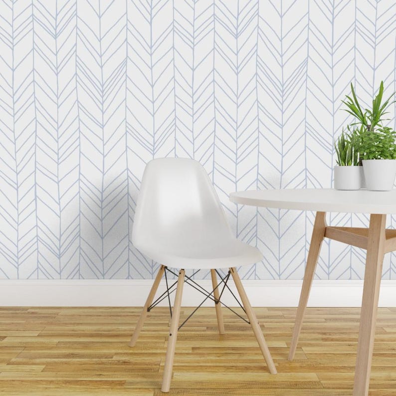 Chevron Wallpaper - Featherland White/Blue (Large) By Leanne - Feather Custom Printed Removable Self Adhesive Wallpaper Roll by Spoonflower image 1