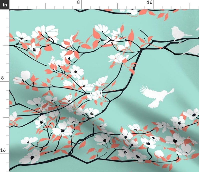 Birds Blossoms Fabric White Blossoms on Mint by Etsy