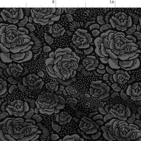 Black And Gray Roses Fabric - Rose Remix Dark By Cinneworthington - Woodcut Flowers Woodblo Cotton Fabric By The Yard With Spoonflower