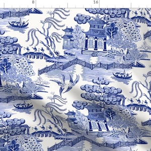Pagoda Chinoiserie Fabric - Blue Willow by whitneyenglish - Blue Toile Chinese Botanical Garden Willow Fabric by the Yard by Spoonflower