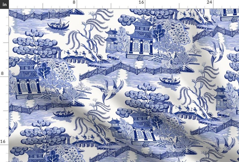 Pagoda Chinoiserie Fabric - Blue Willow by whitneyenglish - Blue Toile Chinese Botanical Garden Willow Fabric by the Yard by Spoonflower Bild 1