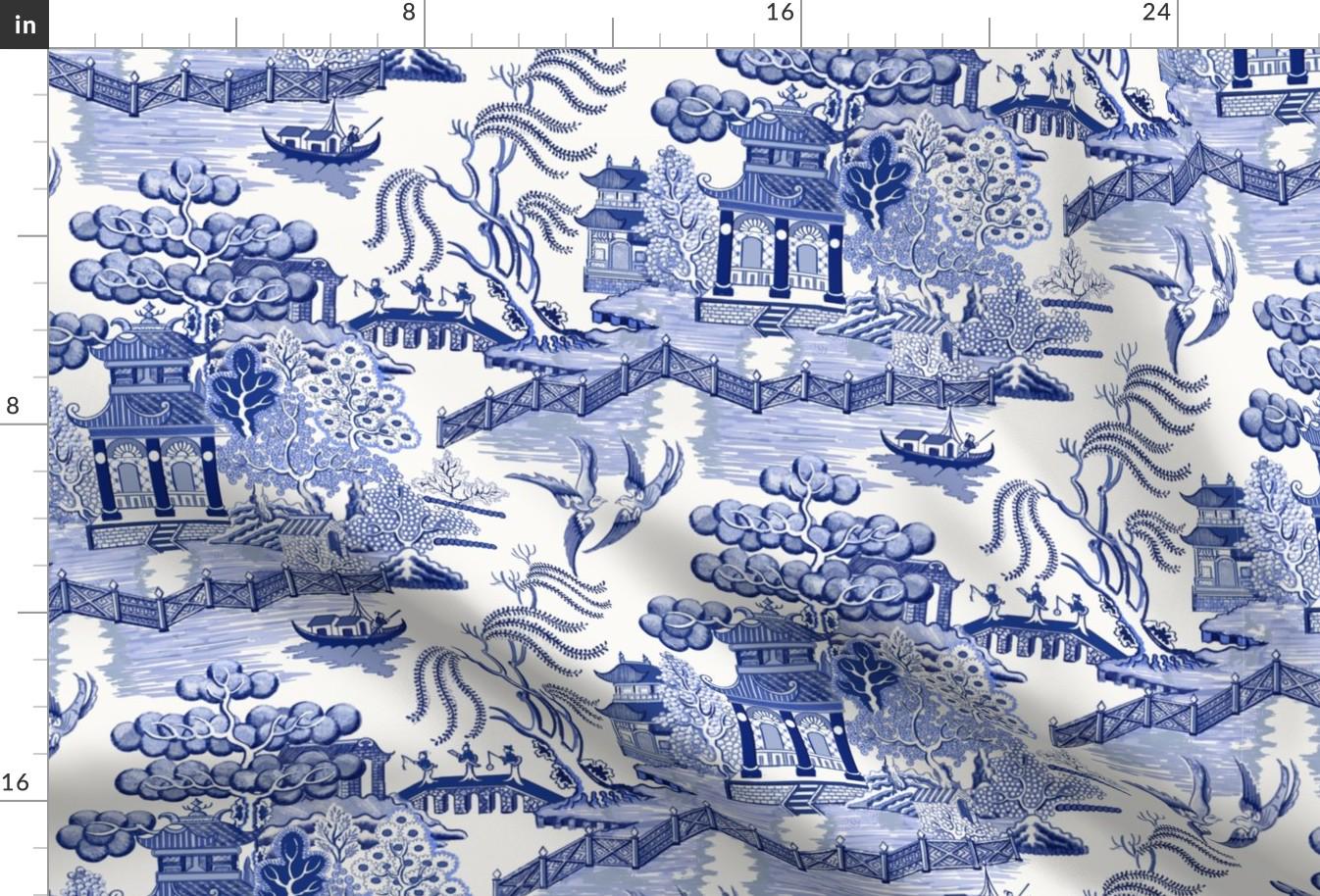 Pagoda Chinoiserie Fabric - Blue Willow by whitneyenglish - Blue Toile Chinese Botanical Garden Willow Fabric by the Yard by Spoonflower