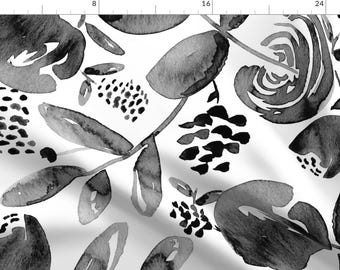 Watercolor Roses Floral  Fabric - Bountiful Bouquet - Black And White Watercolor Floral - Jumbo Scale Floral Illustration By Heatherdutton