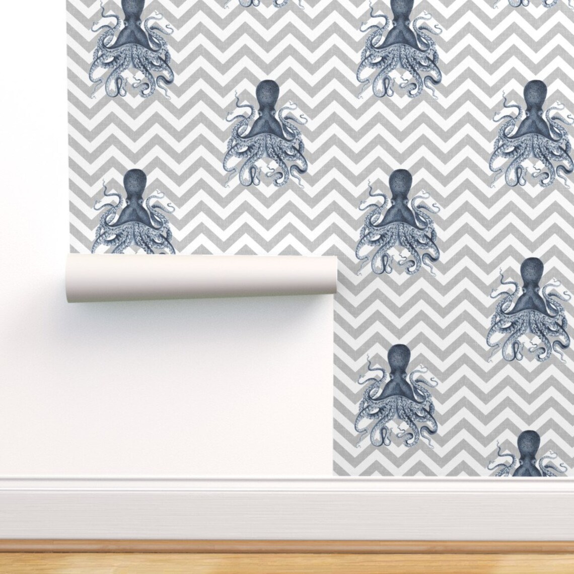 Octopus Wallpaper Octopus Oasis Gray Chevron by | Etsy