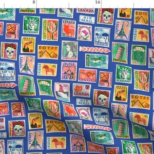 Mail Fabric - Postage Stamps Of The World By Asta Barrington - Blue Travel Letters Culture Cotton Fabric By The Yard With Spoonflower
