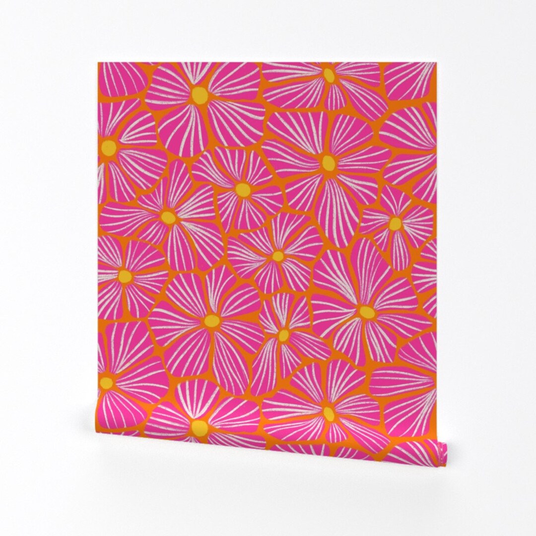 Hot Pink Floral Wallpaper Retro Flowers Orange by Etsy
