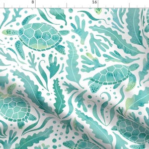 Watercolor Sea Fabric - Turtles And Seaweed by cat_hayward - Aqua Green Large Scale Coastal Nautical Fabric by the Yard by Spoonflower