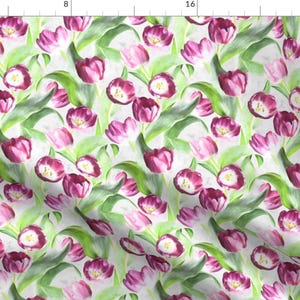 Tulip Fabric - Mother's Day Painted Tulips On Grey By Micklyn - Tulip Watercolor Pink Green White Cotton Fabric By The Yard With Spoonflower