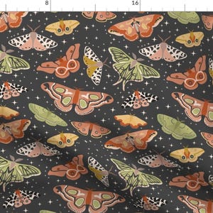 Moth Fabric - Moths In The Night By A Spacecat - Moth Gray Butterfly Lunar Green Orange Stars Cotton Fabric By The Yard With Spoonflower