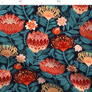May include: A seamless pattern featuring vibrant red, orange, and yellow protea flowers with teal green leaves on a dark blue background.