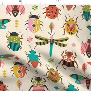 May include: A seamless pattern featuring a variety of colourful insects, including ladybirds, butterflies, and beetles, on a cream background. The insects are stylised and geometric, with bold colours and patterns.