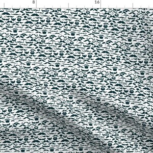 May include: A white fabric with a repeating pattern of dark blue moustaches and other facial hair styles.