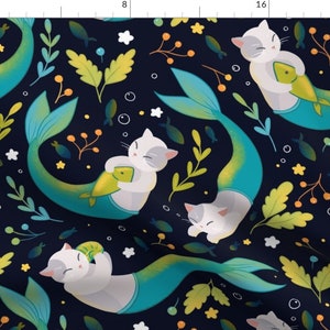 Mermaid Fabric - Merkitties By Elena Naylor - Mermaid Cats Black Teal Ocean Kid's Magical Cute Cotton Fabric By The Yard With Spoonflower
