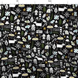 Christmas Fabric - Peace Joy Christmas - Black White Green Gold By Heatherdutton - Christmas Cotton Fabric By The Yard With Spoonflower