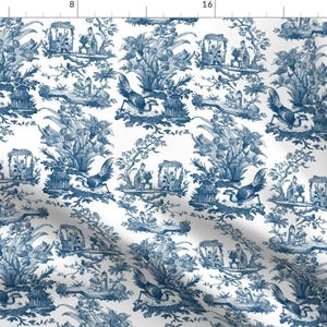Blue Fabric - Chinoiserie Toile  by peacoquettedesigns -  Antique Toile Blue And White Animal Birds  Fabric by the Yard by Spoonflower