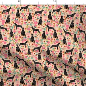 Doberman Fabric -  Doberman Pinscher Dogs Vintage Floral Peach Pink By Petfriendly - Doberman Dog Cotton Fabric By The Yard With Spoonflower