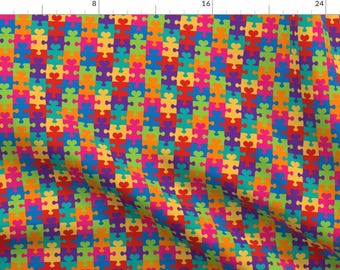Autism Fabric - Puzzle Hearts By Designedbygeeks - Autism Rainbow Puzzle Cause Charity Cotton Fabric By The Yard With Spoonflower