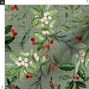Mistletoe Fabric - Mistletoe And Holly Christmas Florals By Hipkiddesigns - Red Sage Linen Look Cotton Fabric By The Yard With Spoonflower image 3