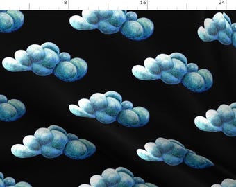 Blue Clouds Fabric - Clouds On Navy Blue By Timone - Moody Watercolor Cloud Cotton Fabric By The Yard With Spoonflower