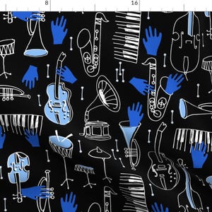 Black and Blue Jazz Fabric - Musical Jazz By Andrea Lauren - Musical Instruments Hand Drawn Cotton Fabric By The Yard With Spoonflower