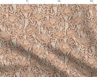 May include: A fabric with a repeating floral pattern. The design features large, stylized flowers in shades of peach and cream against a warm brown background. The flowers are surrounded by cream-colored leaves and stems, creating a classic, vintage aesthetic.