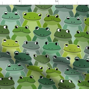 Puede incluir: Un patrón sin costuras que presenta un diseño repetitivo de ranas verdes con varios tonos de verde. Las ranas están todas mirando hacia adelante con la boca cerrada y los ojos bien abiertos. El fondo es de color verde claro.