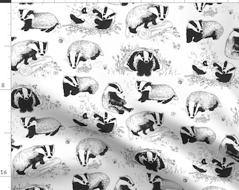 Badger Fabric - Badgers Playtime By Jo Clark - Black and White Woodland Nursery Decor Cotton Fabric By The Yard With Spoonflower