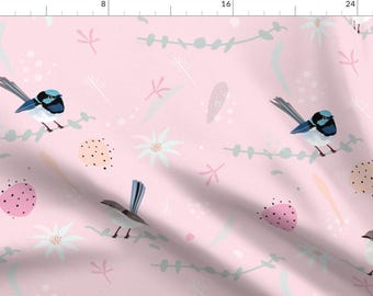 Fairy Wren Pink Birds Fabric - Fairy Wrens Eucalyptus Billy Button By Mountvicandme - Pink Birds Cotton Fabric By The Yard With Spoonflower