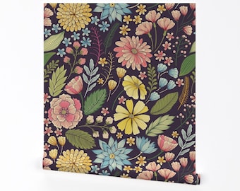 May include: A seamless pattern featuring a variety of colorful flowers and leaves on a dark purple background. The flowers include pink, yellow, blue, and white blooms. The leaves are green and brown.