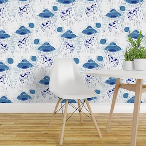 Alien Abduction Peel and Stick Wallpaper - Ufo Flying Saucer Chinoiserie - Removable Wall Decor Art - Chinoserie Cows by whimsicalmythical