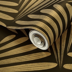 Carta da parati geometrica Art Déco in oro o argento metallizzato - Grande ventaglio a conchiglia di leannefriedberg - Rotolo di carta da parati in bianco e nero di Spoonflower
