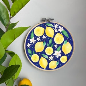 Lemons Embroidery Template on Cotton - Lemon Slices By kristeninstitches -Fruit Embroidery Pattern for 6" Hoop Custom Printed by Spoonflower