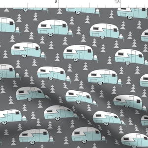 Camper Fabric - Trailer Vintage Turquoise On Charcoal By Lilcubby- Camping Caravan Outdoors Retro Cotton Fabric By The Yard With Spoonflower