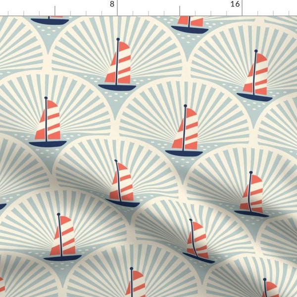 Boho Sailboat Fabric - Sailing In A Seashell by iris_barges - Nautical Lake Sailboat Coastal Red Blue Fabric by the Yard by Spoonflower