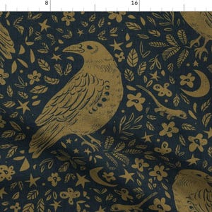 Dark Raven Fabric - Mystic Crow by ebozzastudio - Gothic Floral Crow Corvid Witchy Boho Crescent Moon Fabric by the Yard by Spoonflower