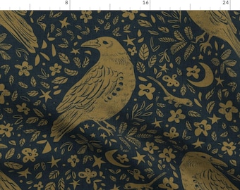 Dark Raven Fabric - Mystic Crow by ebozzastudio - Gothic Floral Crow Corvid Witchy Boho Crescent Moon Fabric by the Yard by Spoonflower