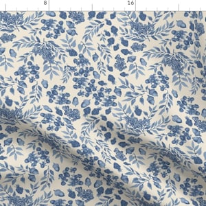 Blue Floral Toile Fabric - Acorn Foliage by lauramarot - Blue Leaves Berries Watercolor Acorn French Fabric by the Yard by Spoonflower