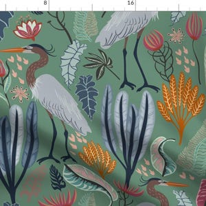 Coastal Floral Heron Fabric - Heron Green Medium by nina_leth - Botanical Green Marsh Palm Crane Birds Sea Fabric by the Yard by Spoonflower