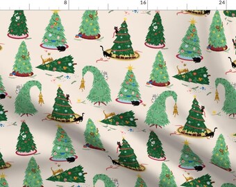 Festive Cat Fabric - Christmas Cats by cottonstitchesco - Green Christmas Trees Holiday Ornaments Funny Fabric by the Yard by Spoonflower