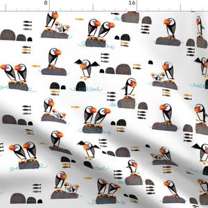 Puffin Fabric - Huffin And Puffin By Mulberry Tree - Puffin Penguin Illustration Sea Baby Nursery Cotton Fabric By The Yard With Spoonflower
