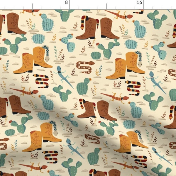 Western Fabric - Snakes In My Boots By Joysaavedra - Yellow Brown Blue Kids Cowboy Rodeo Ranch Cotton Fabric By The Yard With Spoonflower