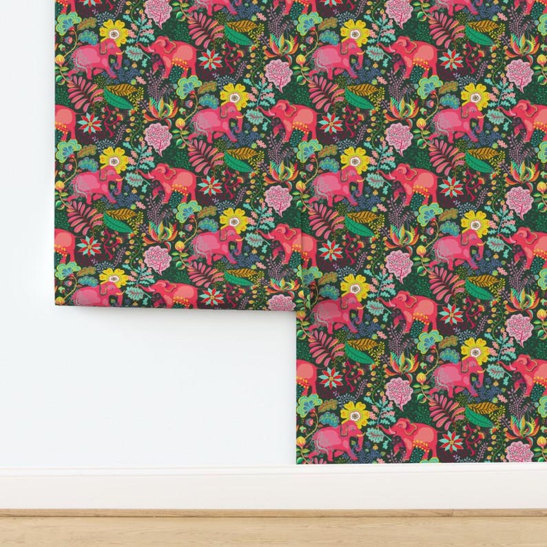 Jungle Wallpaper - Floral Jungle Elephant By Miraparadies - Bohemian Green Pink Summer Removable Self Adhesive Wallpaper Roll by Spoonflower image 4